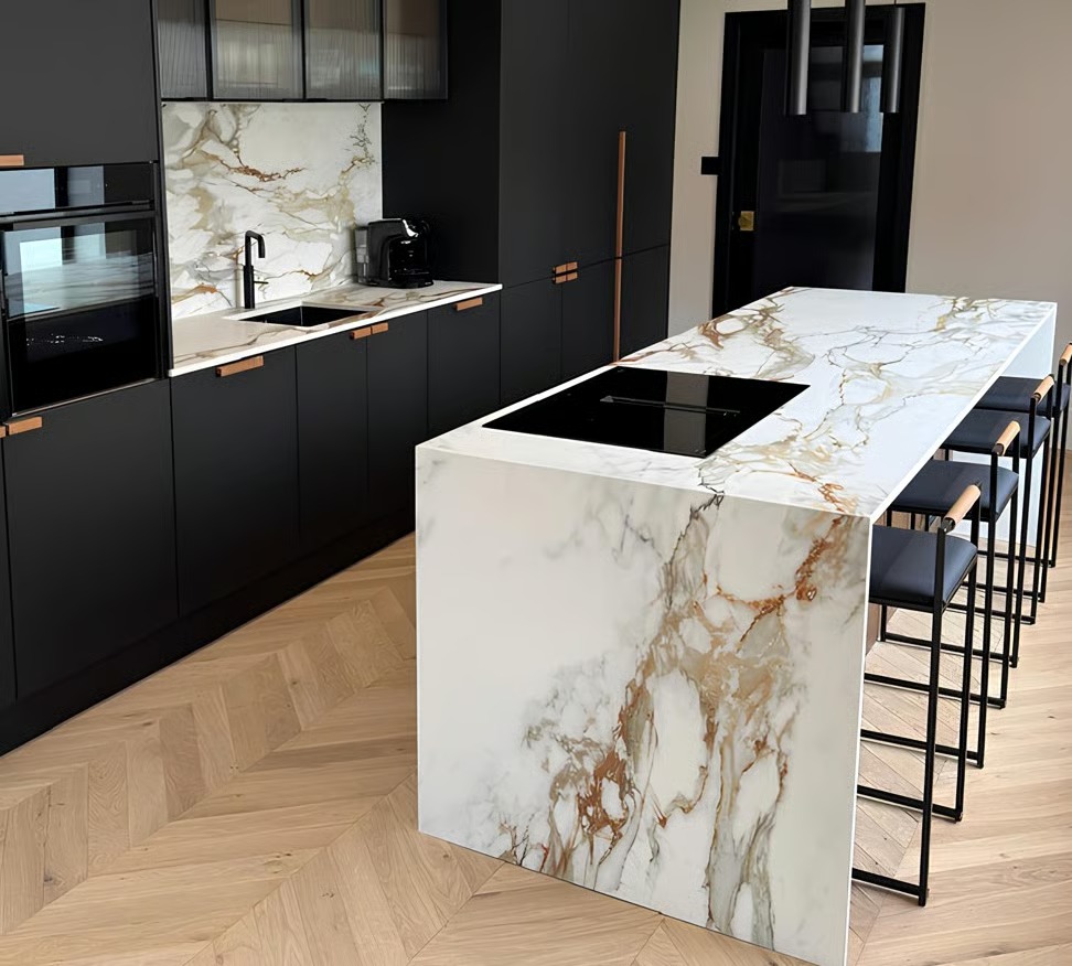 Porcelain kitchen worktops and waterfall island by RH Stone Surfaces, designed installed Newcastle