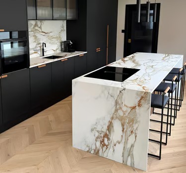 Porcelain kitchen worktops and waterfall island by RH Stone Surfaces, designed installed Newcastle