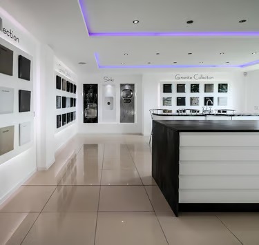 RH Stone Surfaces showroom with quartz and granite worktop samples for trade in the North East
