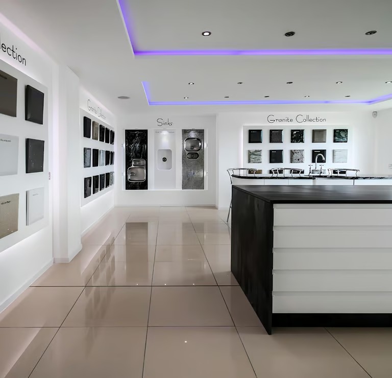 RH Stone Surfaces showroom with quartz and granite worktop samples for trade in the North East