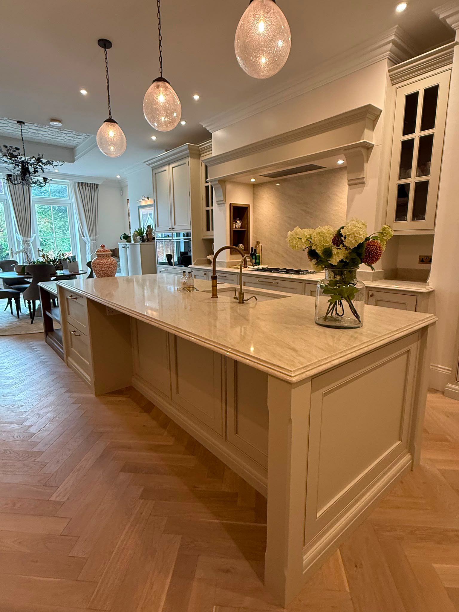 Large Taj Mahal quartz kitchen island worktop