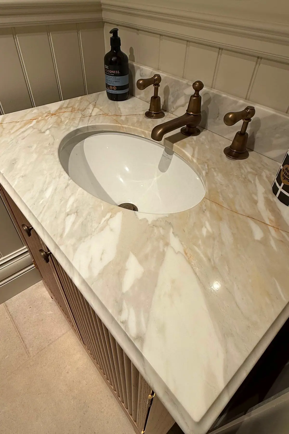 Calacatta Bella marble vanity top with shaped edge and inset basin for Morpeth and Stobhill NE61