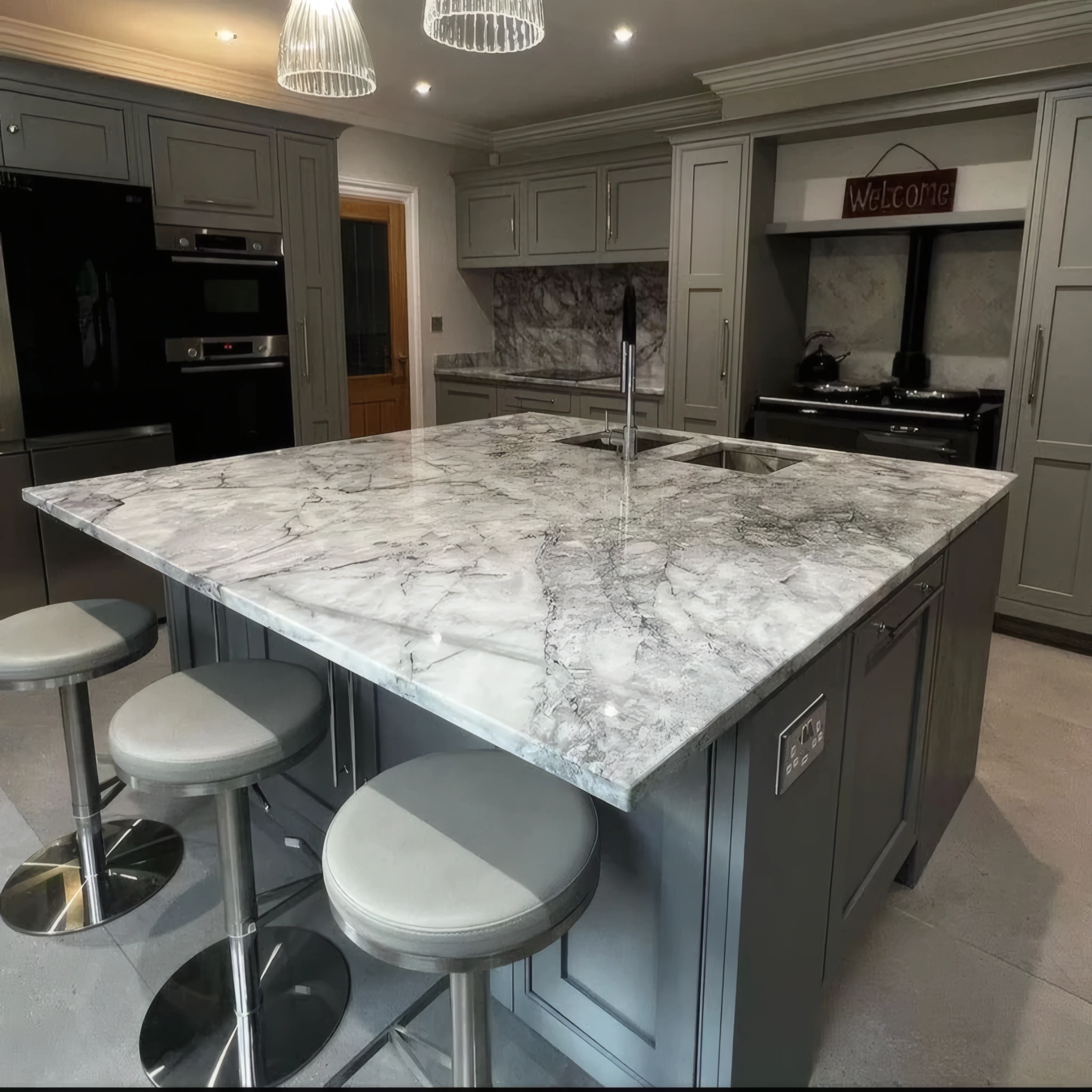 Mont Blanc quartzite kitchen island by RH Stone Surfaces