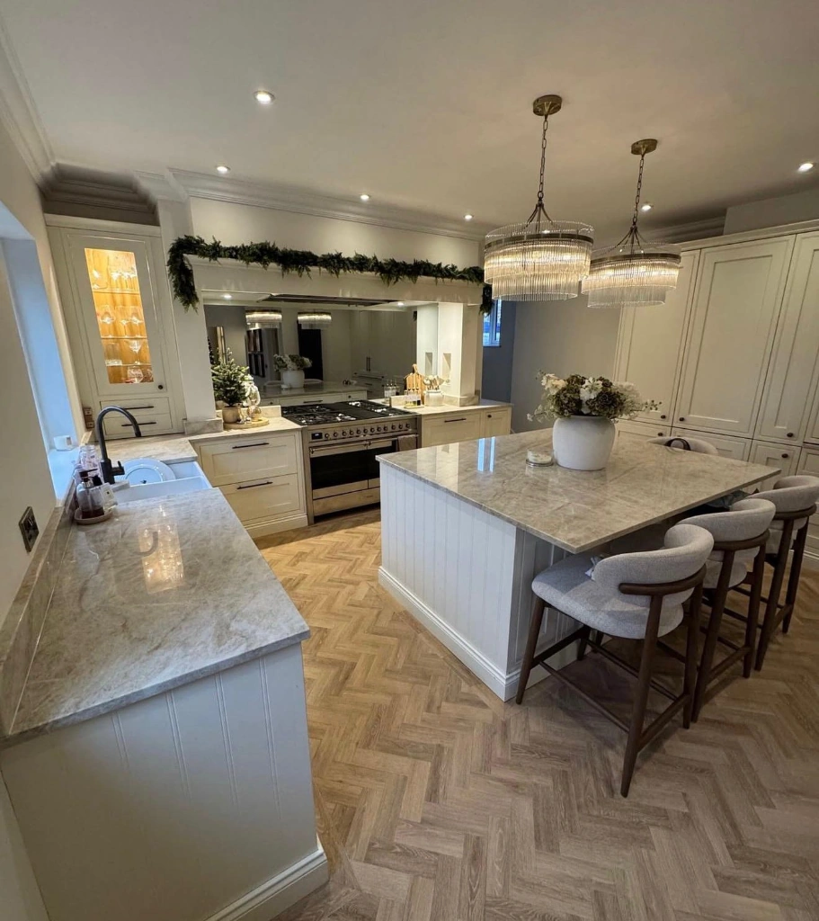 Taj Mahal quartzite kitchen island worktops by RH Stone Surfaces
